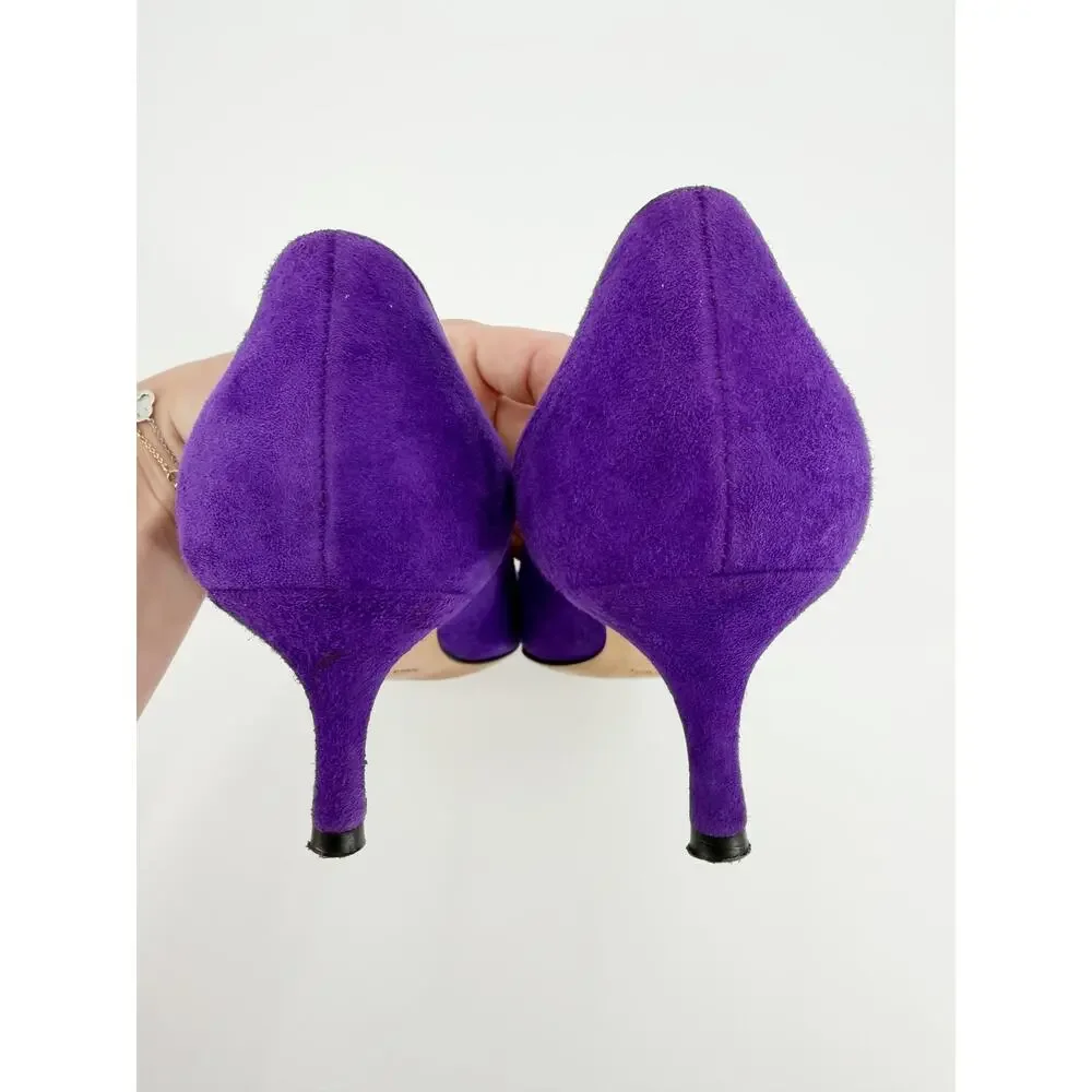 Manolo Blahnik BB Pumps Purple Suede Pointed Toe Low Kitten Heel Shoes 37